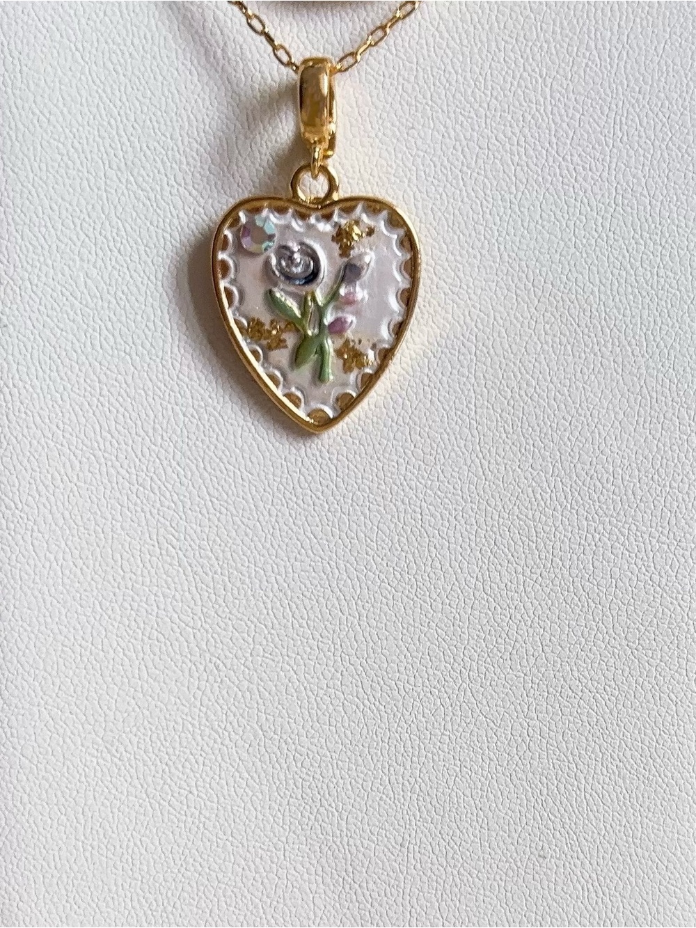 Gold Heart Floral Enamel Pendant Necklace - Pink and Green